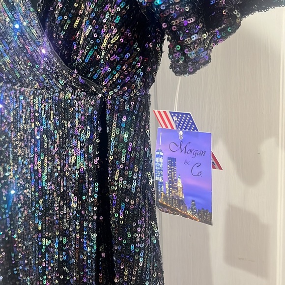 MORGAN & CO Juniors Black Sequined Elbow Sleeve Surplice Neckline Mini Dress - Picture 6 of 15